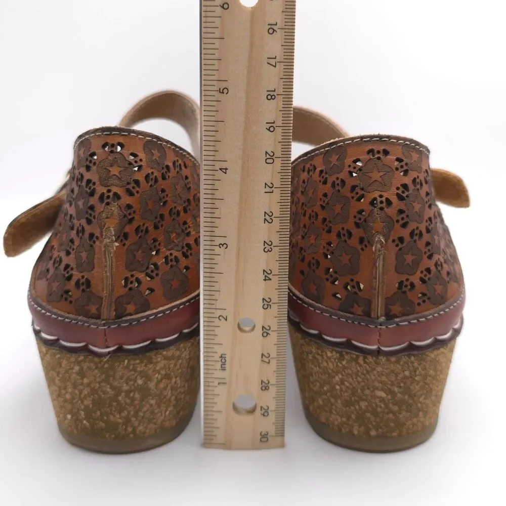 L'Artiste Spring Step Cuteness LEATHER Wedge‎ Sandals DELPHIA 41 Embossed Floral